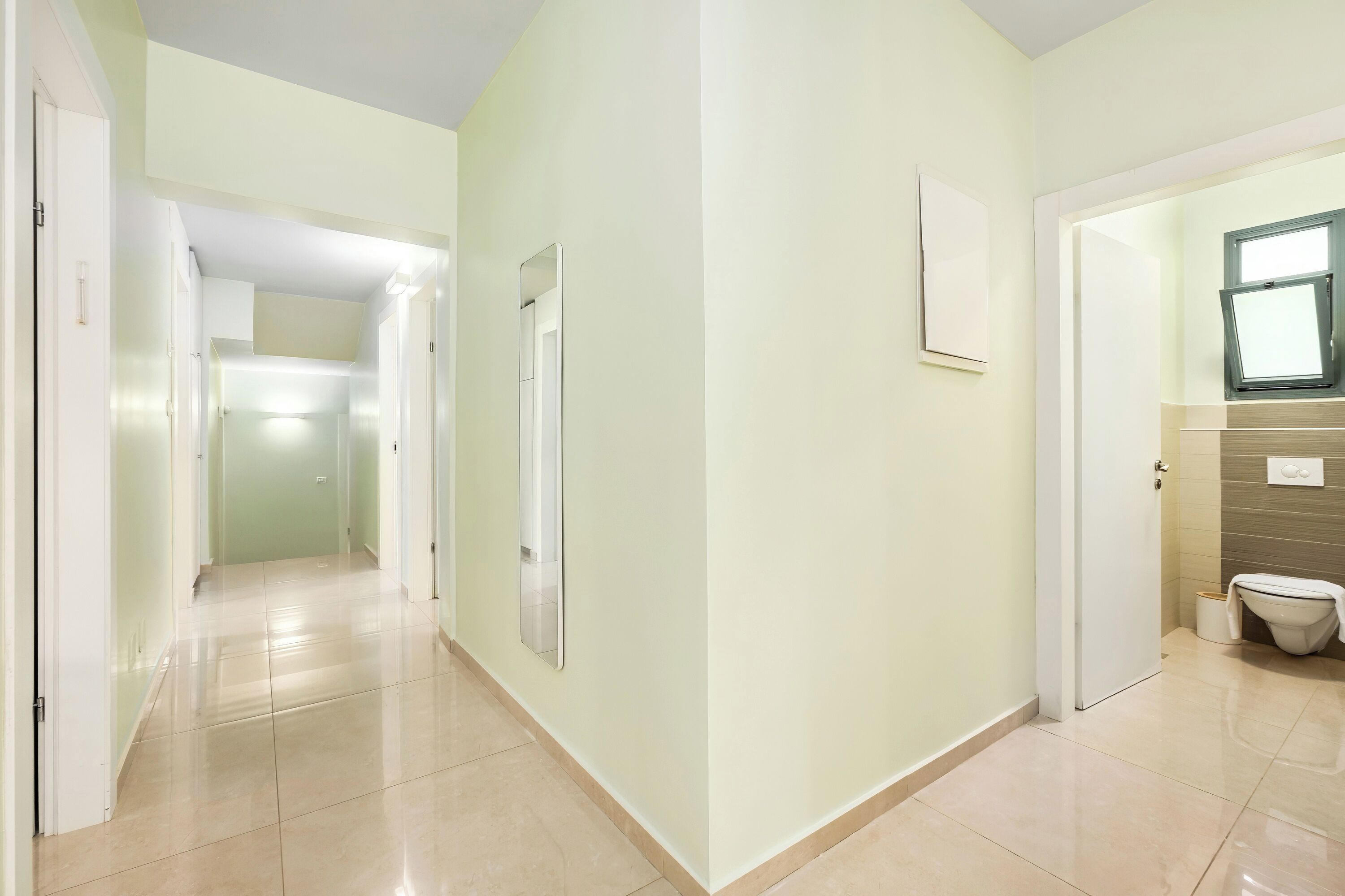 Un pasillo con un inodoro y un espejo en la pared.