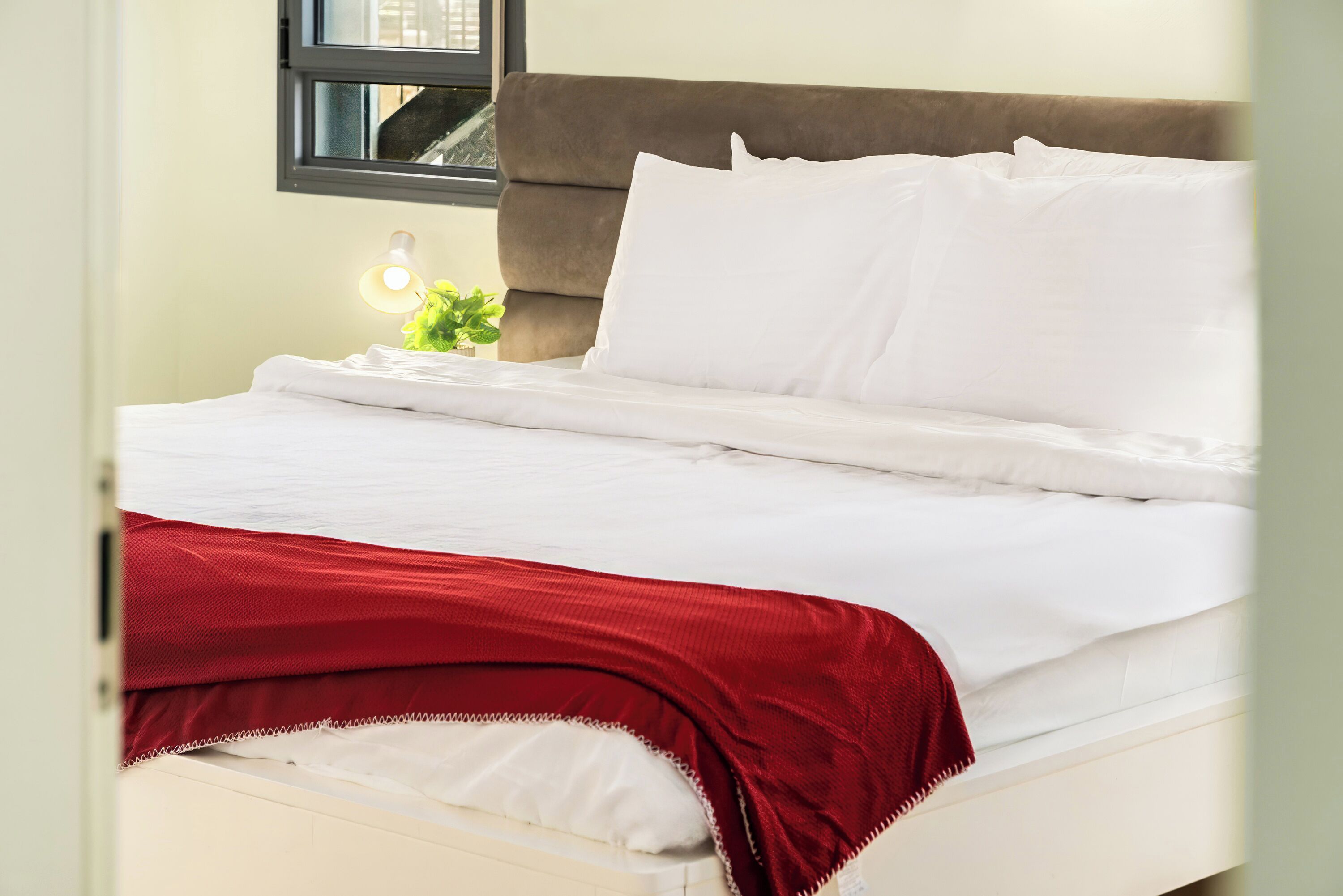 A neatly made bed with white linens and a red blanket, a bedside lamp, and a window with a view of the outside.