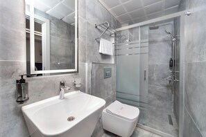 Buồng tắm vòi sen, máy sấy tóc, khăn tắm, xà phòng 