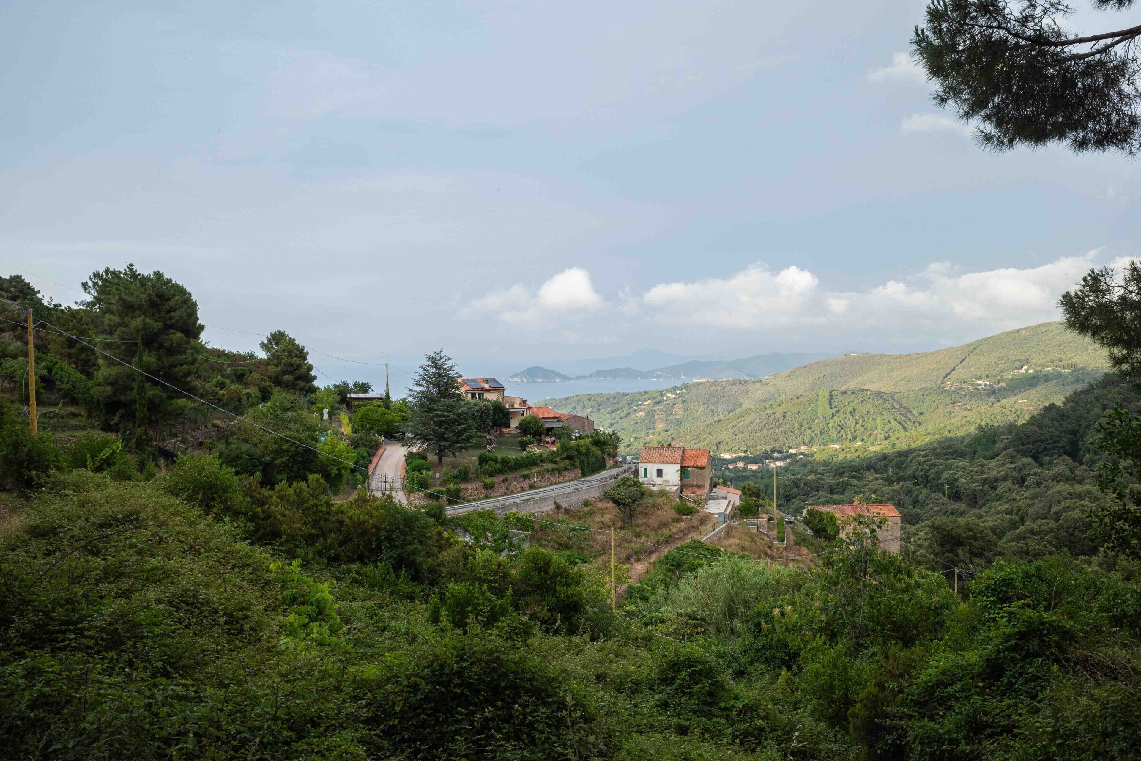 A hillside village with houses, a road, and a mountainous backdrop.