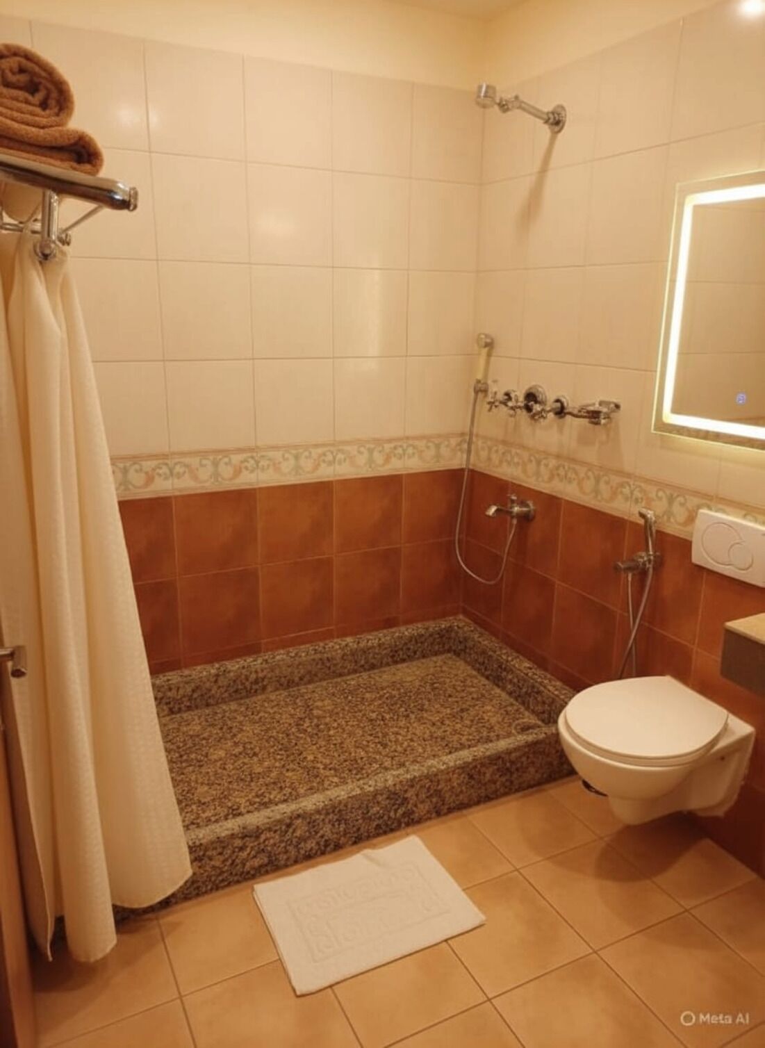 Un baño pequeño con ducha, inodoro y barra para toallas.