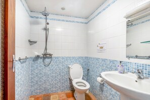 A bathroom with a white toilet, a sink, and a shower. - Bed and Breakfast 'Chambre Pissaro' with Shared Pool, Private Terrace and Wi-Fi (Sanxay)