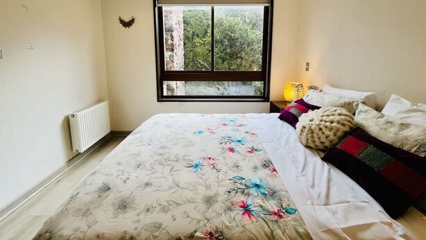 A bedroom with a large bed, a window with a view of trees, a radiator, and a wall-mounted light. - Buho Modern Nature Retreat - Puc n (Pucón)