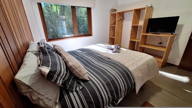 A bedroom with a bed, a wooden wardrobe, a television, and a window with a view of trees. - Caba a Roble BBQ Home Office Washer Wood Hot Tub (Loncoche)