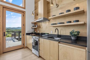 Private kitchen - Elevated Cabin  2 - Elevated Cabin  1 - Architect-Designed | Sleeps 5–6 | 3 Bedrooms | 16 ft in the Air | Private Hot Tub + Pizza Oven (Marshall)