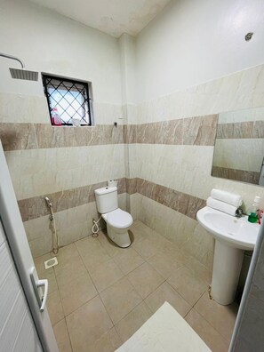 Regadera, toallas, jabón, shampoo 