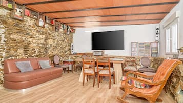 Télévision, cheminée, lecteur de DVD, table de tennis de table