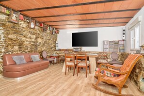 TV, lareira, DVD player, mesa de pingue-pongue