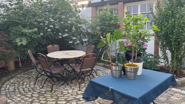 A patio with a round table and chairs, surrounded by potted plants and a cobblestone floor. - Large, comfortable half-timbered house with courtyard in the heart of Wissembourg (Wissembourg)
