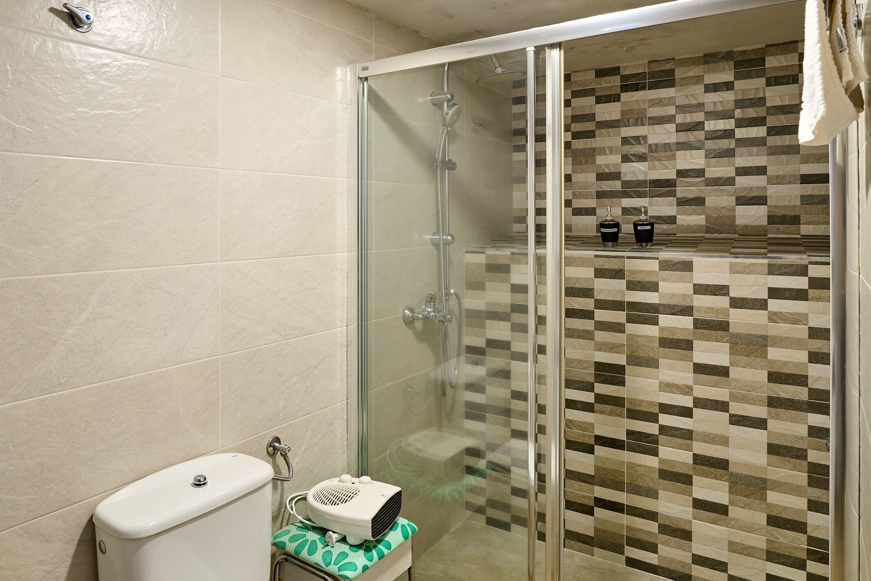 Une salle de bain avec une douche à parois de verre, des toilettes et un lavabo.