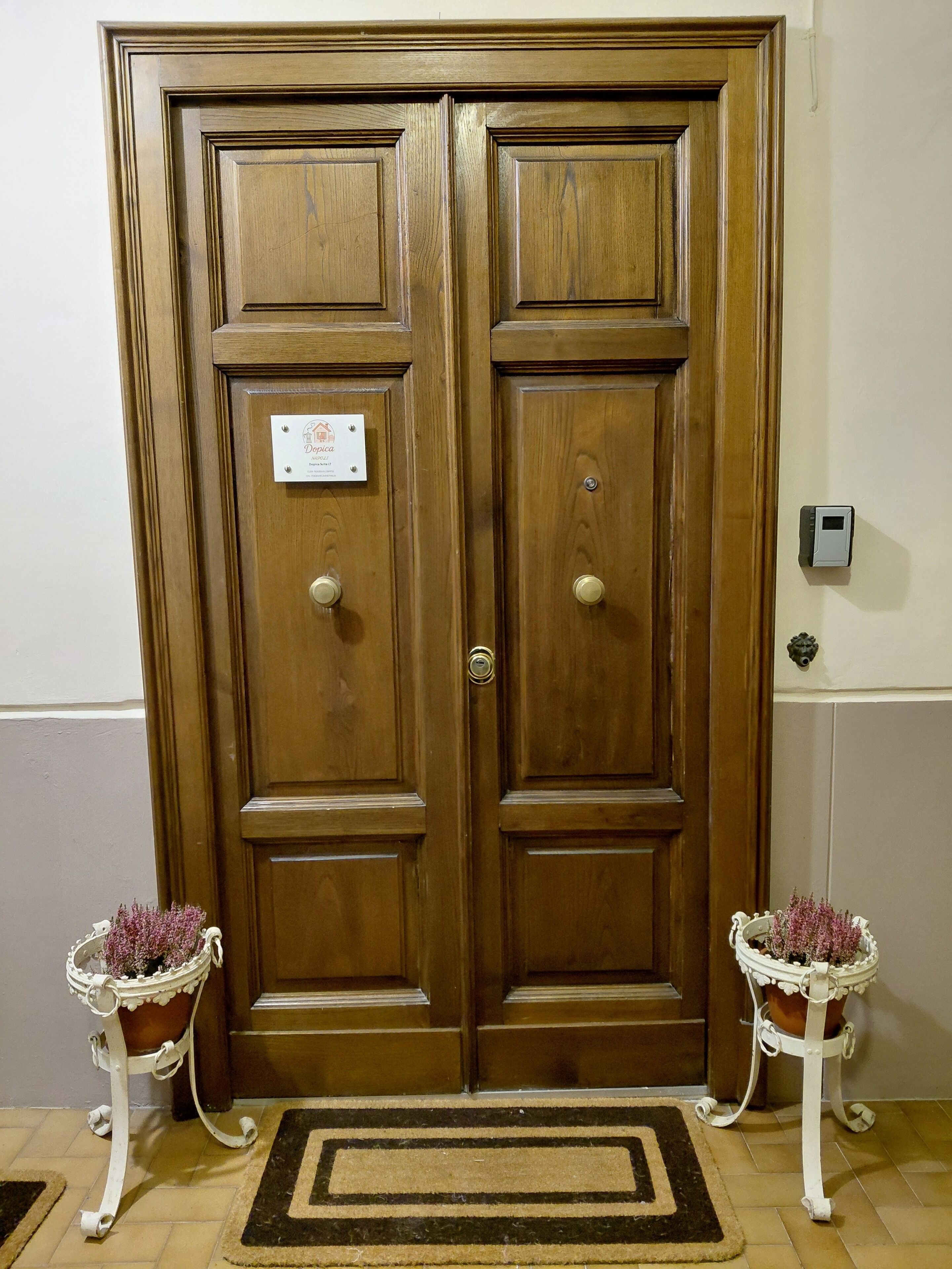 Une porte à deux battants en bois, ornée d’une plaque, deux plantes en pot posées sur des supports blancs et un paillasson.