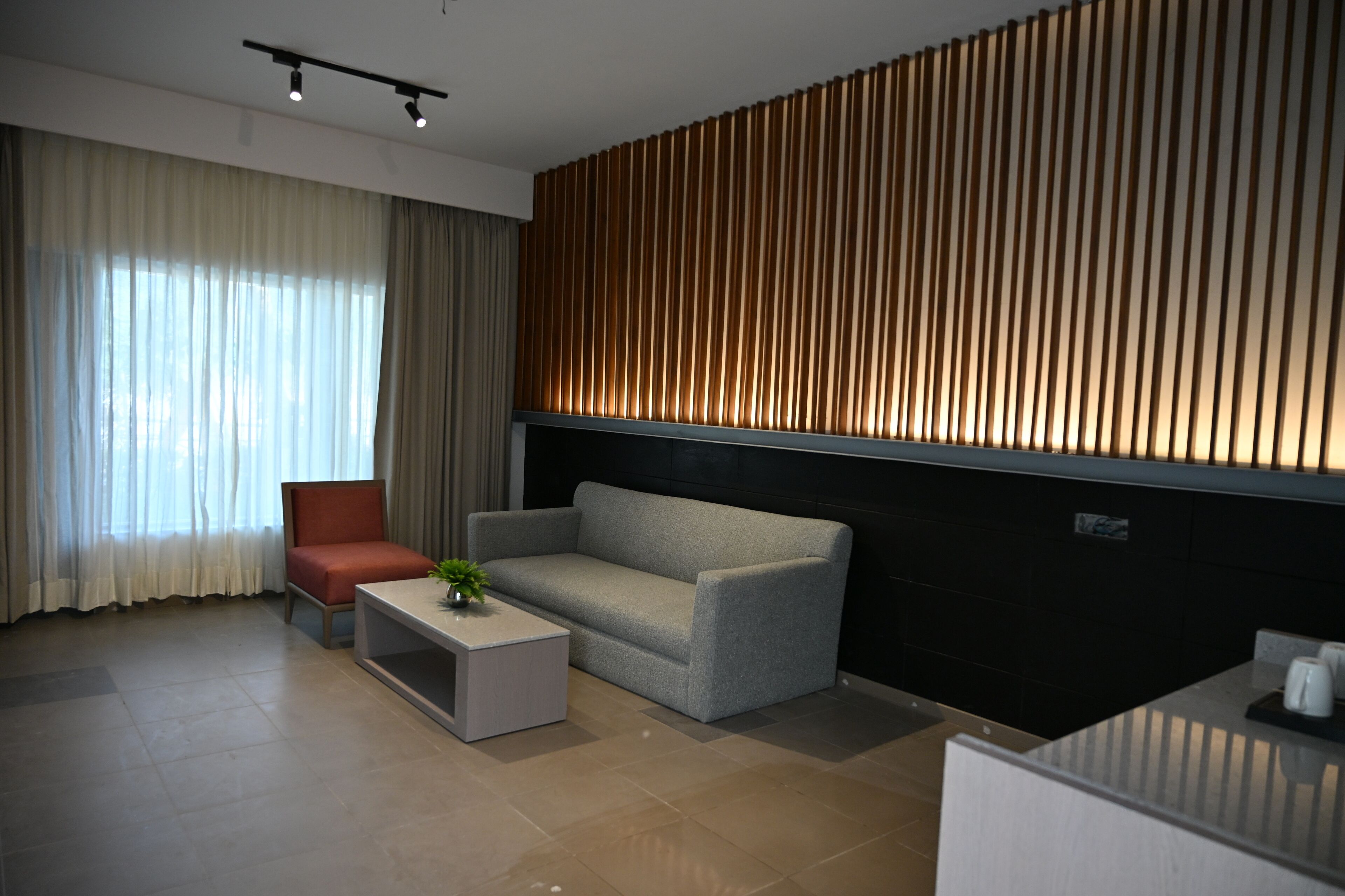 A modern living room with a sofa, a coffee table, and a red chair. There is a large window with curtains, a wall with vertical wooden slats, and a small table with a plant.