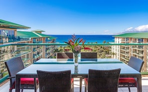 Outdoor dining - 3BD Oceanfront Retreat w/ Lanai, Floor-to-Ceiling Views & Modern Kitchen - Honua Kai 825 (Lahaina)