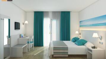 A hotel room with a bed, bedside tables, a desk, a chair, a TV, and a painting of a beach.