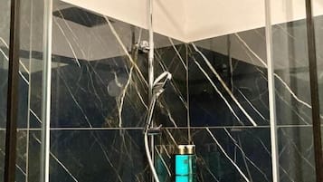 Ducha con cerramiento de vidrio, ducha de lluvia y ducha de mano.