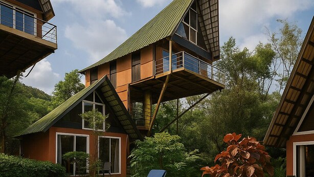 A modern house with a swimming pool, outdoor seating, and a lush garden. - Rumourss Sky Villa (Lonavala)