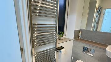 Shower, towels, toilet paper