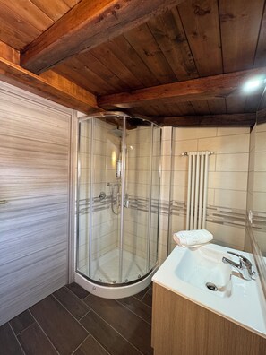 Shower, hair dryer, bidet, towels