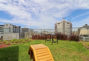 Un jardín en la azotea con un banco de madera, sillas de metal y vistas a un edificio alto.
