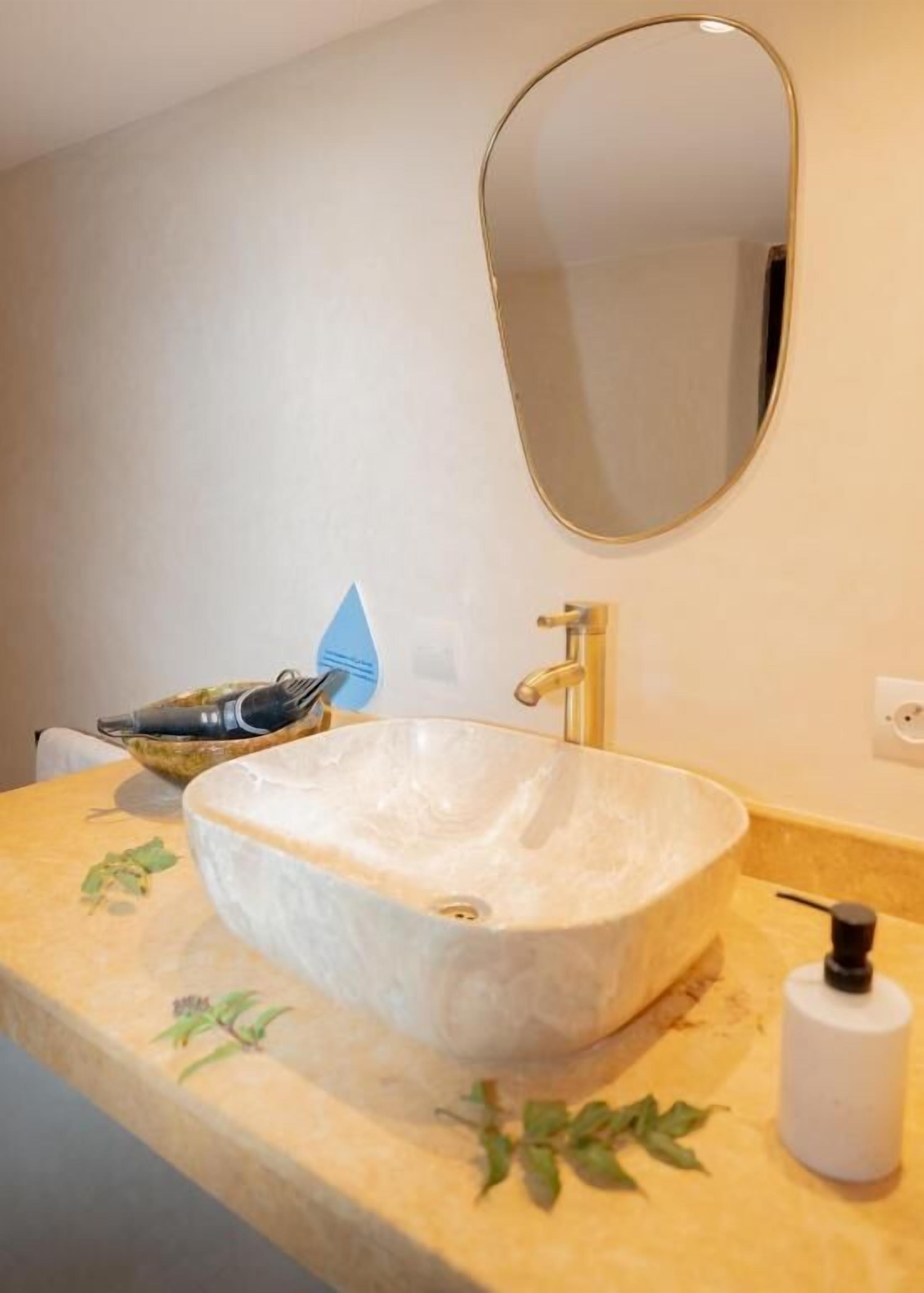 Un baño con un lavamanos ovalado blanco, un grifo dorado, un espejo y un pequeño recipiente con un cepillo.
