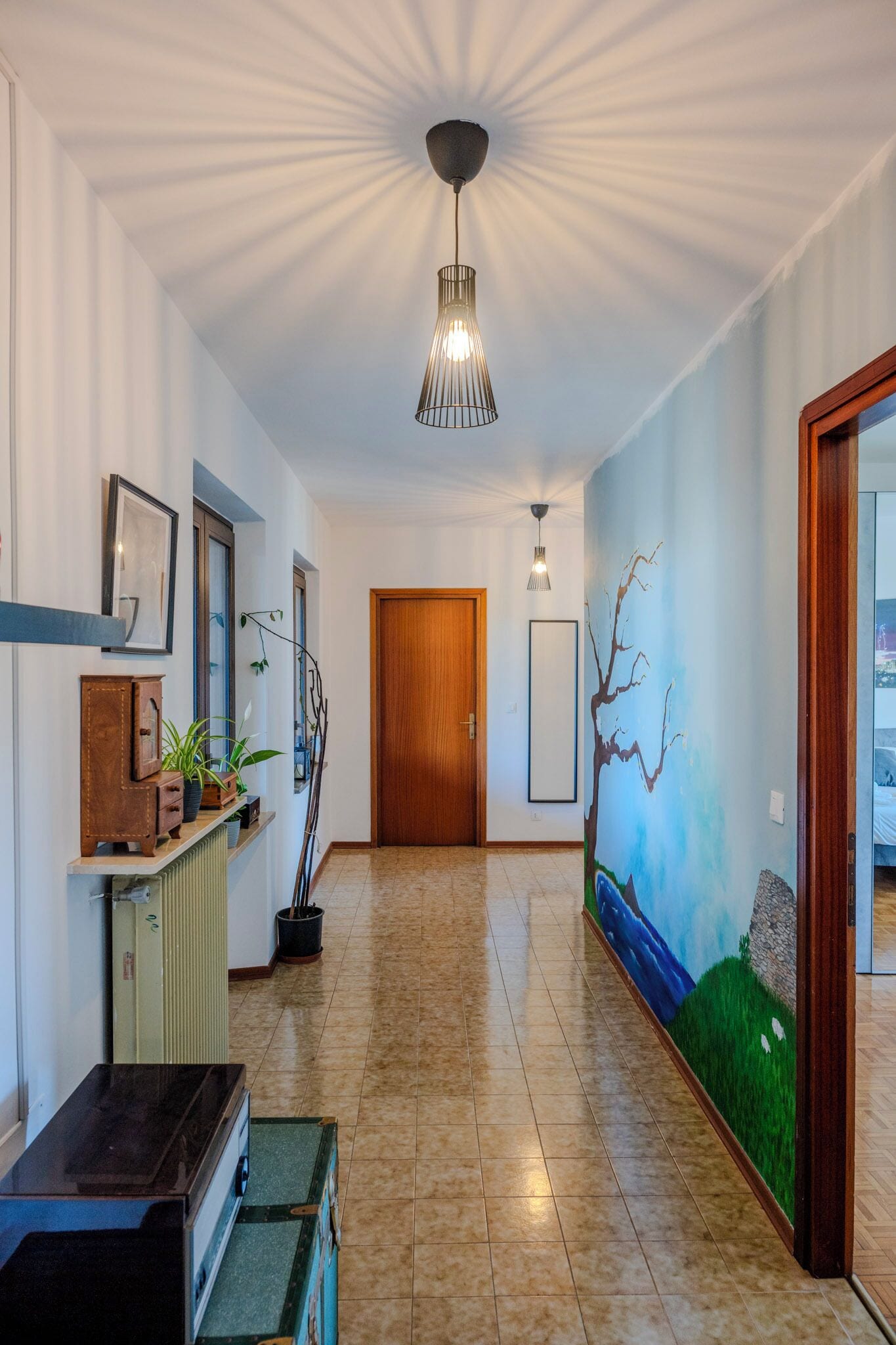 Un pasillo con una puerta de madera, un radiador, una planta y una estantería en la pared.