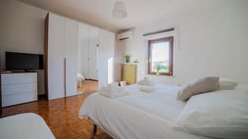 A bedroom with a bed, a TV, a wardrobe, and a window.