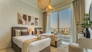 A modern hotel room with two beds, a large window with a city view, and a balcony. - Direct Private Beach Access, Proximity To Key Dubai Attractions Like Dubai Marina, Palm Jumeirah (Dubai)