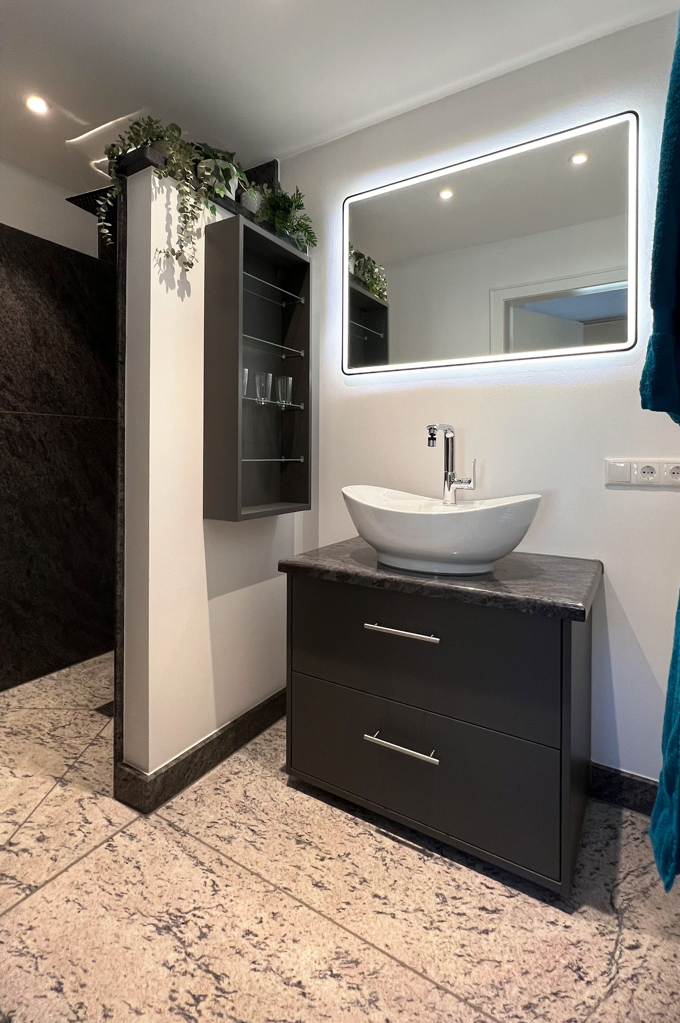 Une salle de bain avec un lavabo blanc, des meubles sombres, un miroir avec éclairage intégré et une plante accrochée au mur.