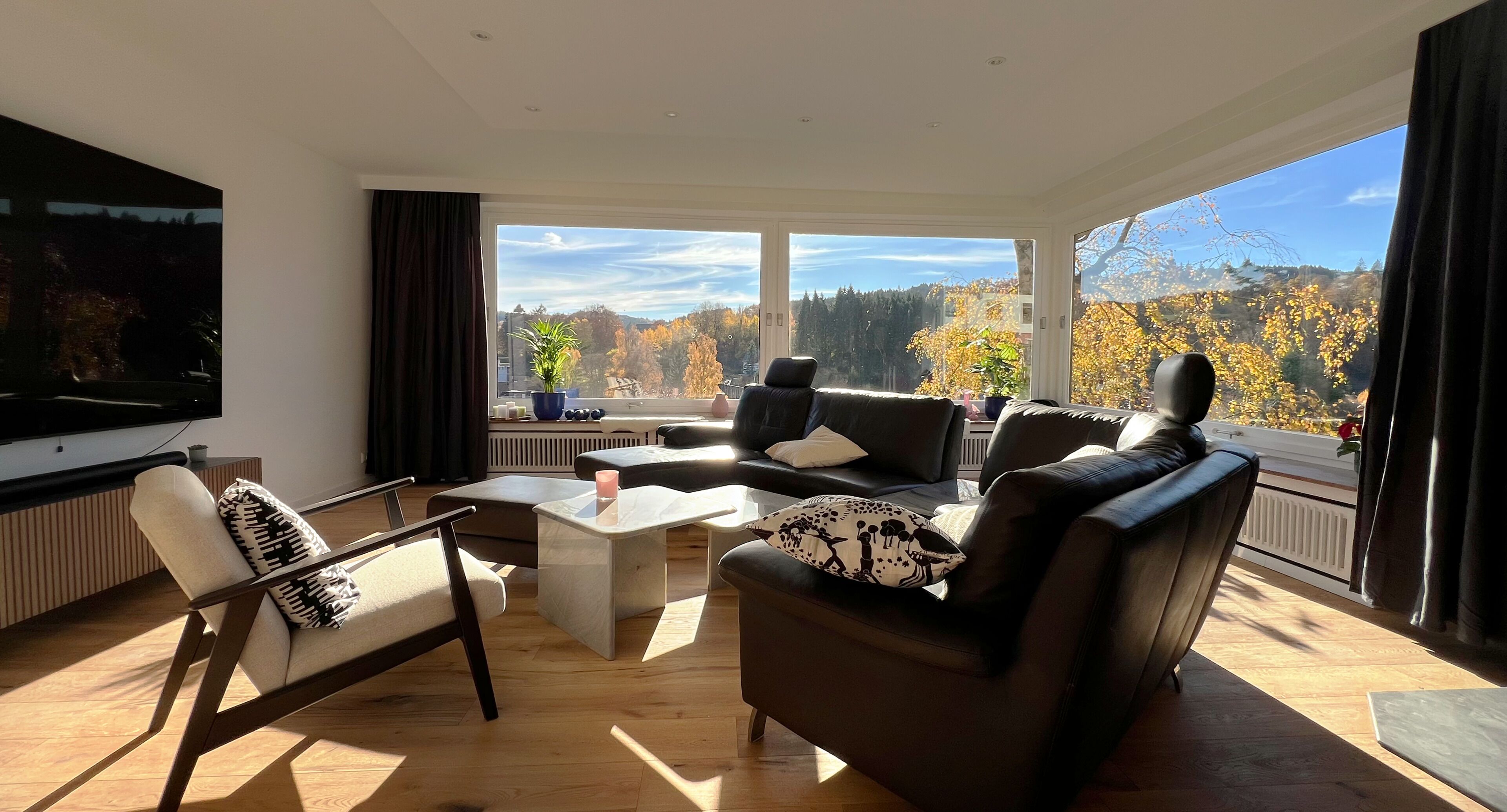 Smart-tv, een open haard, videospelletjes en een dvd-speler