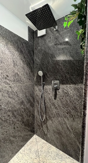 Regadera, toallas, jabón, papel de baño