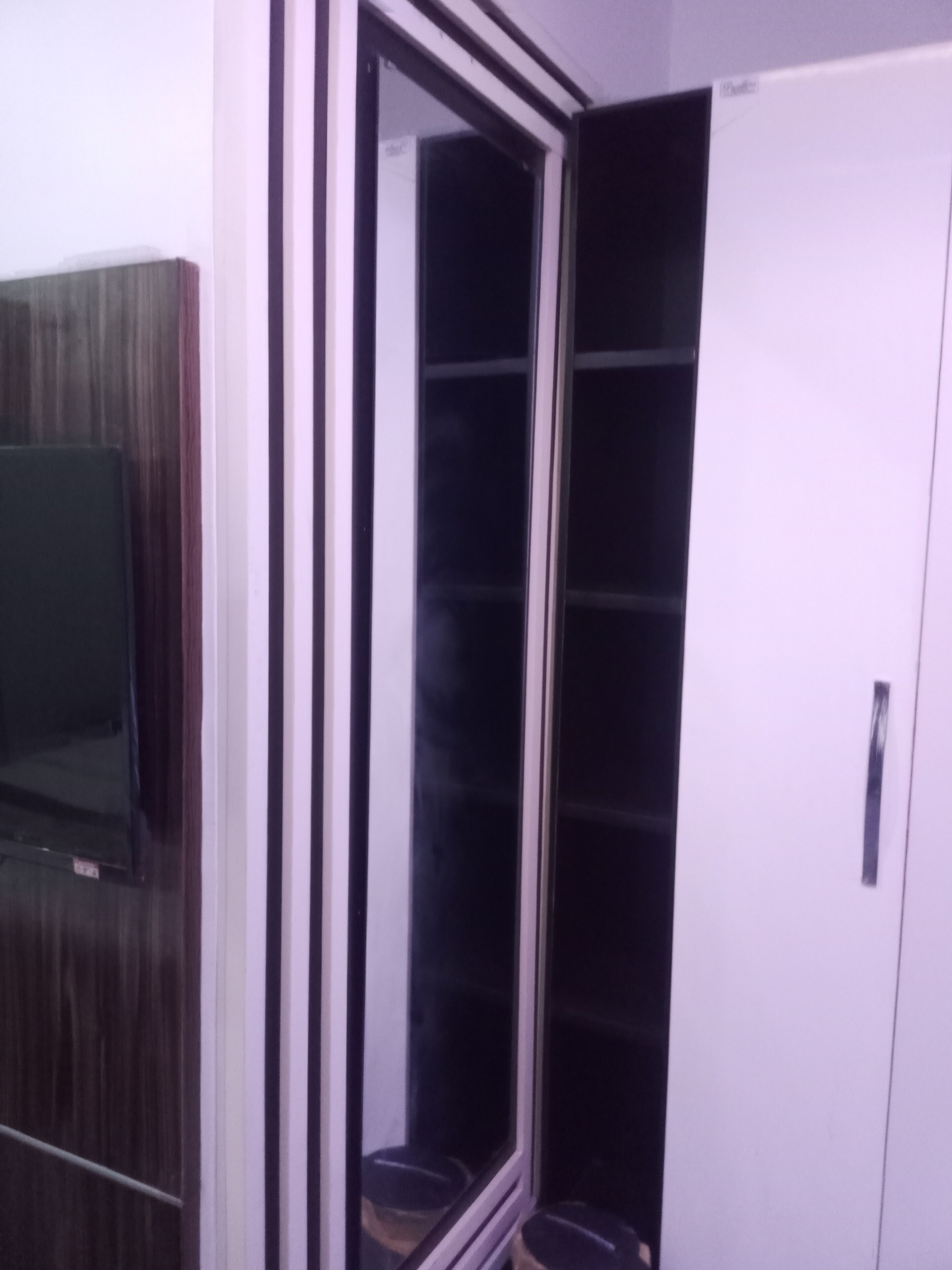 A room with a wardrobe, a mirror, and a television.