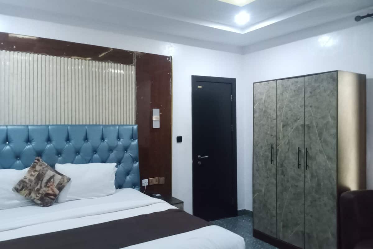 A hotel room with a large bed, a wardrobe, a door, and a ceiling light.