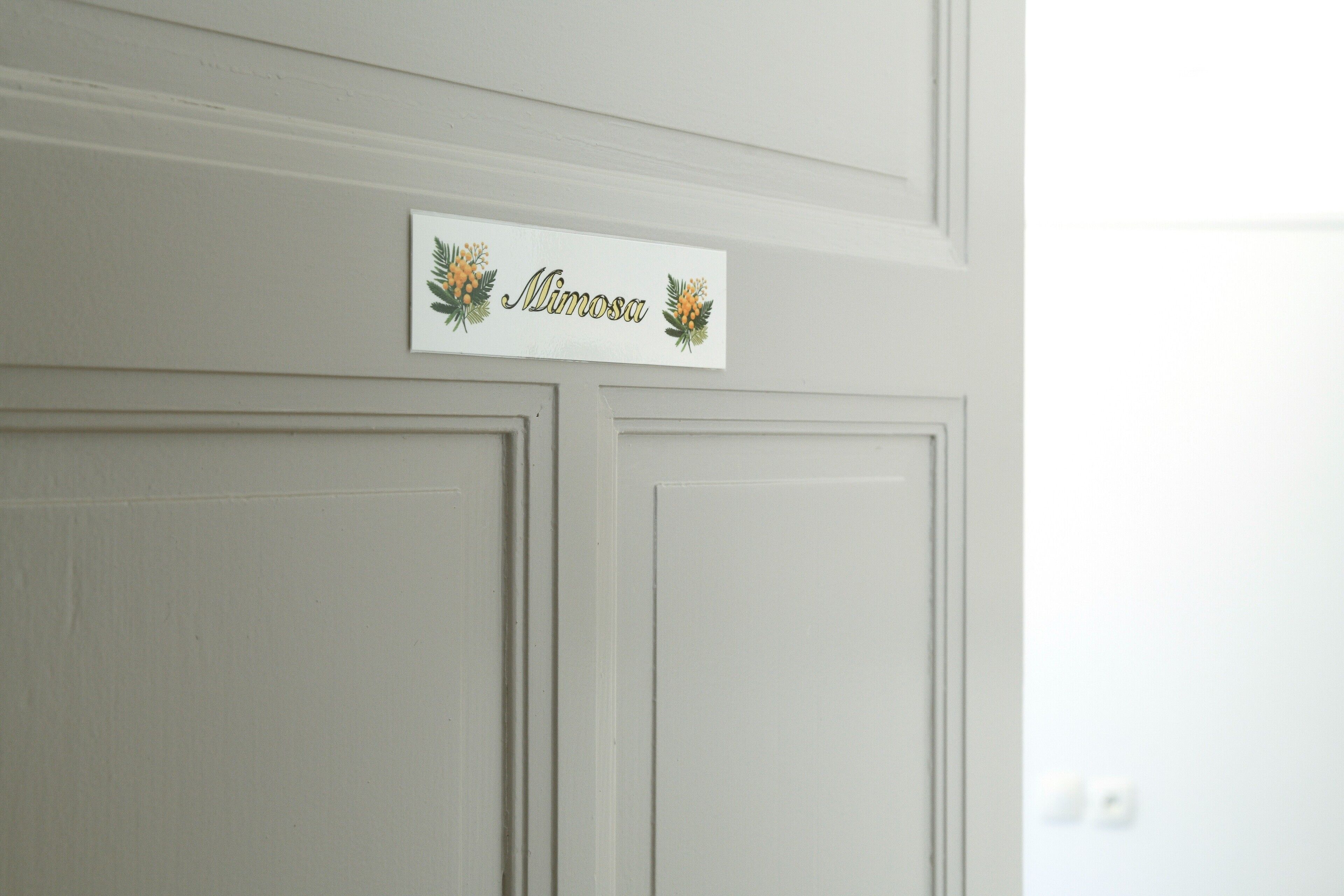 Une porte blanche avec une plaque portant le nom « Mimosa » et ornée de motifs de feuilles décoratives.