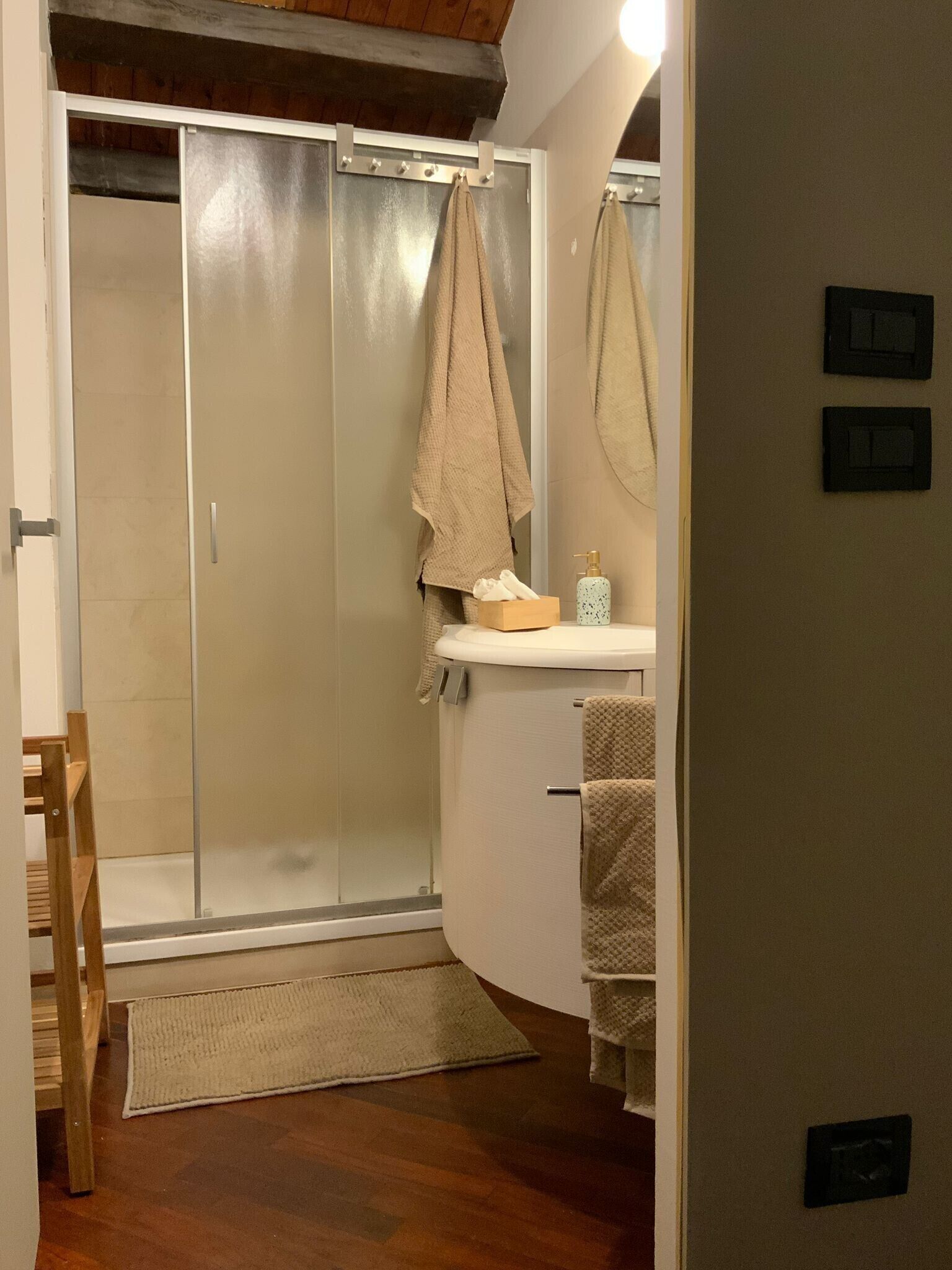 Shower, hair dryer, towels