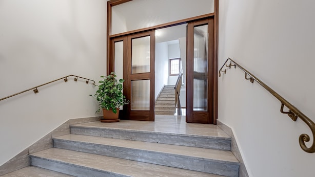 Una escalera con una planta en maceta, puertas de madera y una barandilla de metal.