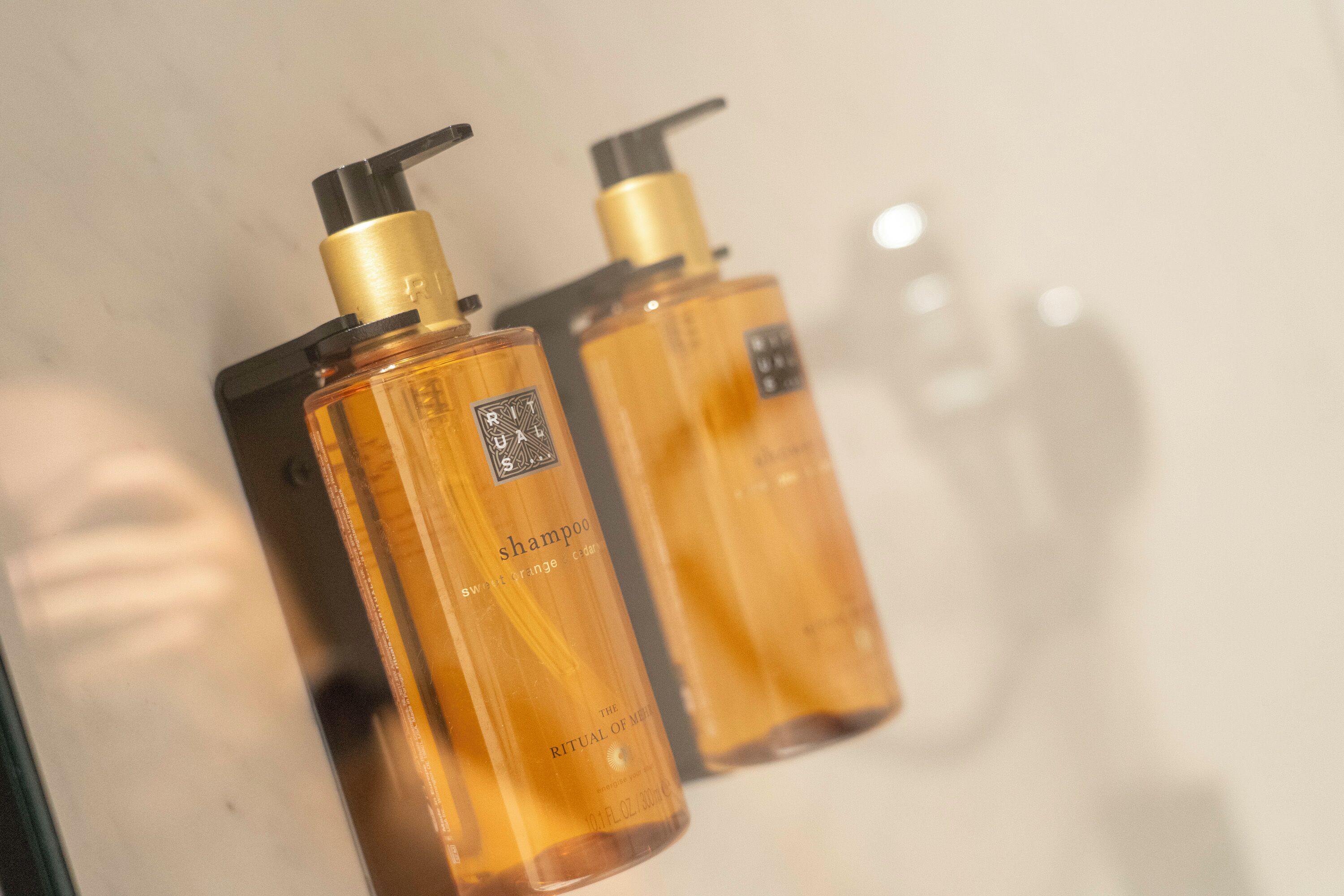 Two bottles of shampoo with pumps on a white surface.