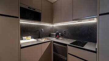 Deluxe Apartment, Balcony, City View | Dapur peribadi | Peti sejuk mini, ketuhar gelombang mikro, ketuhar, dapur