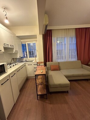 A compact living space with a kitchenette, a sofa, and a dining table. - Besiktas1 (İstanbul)