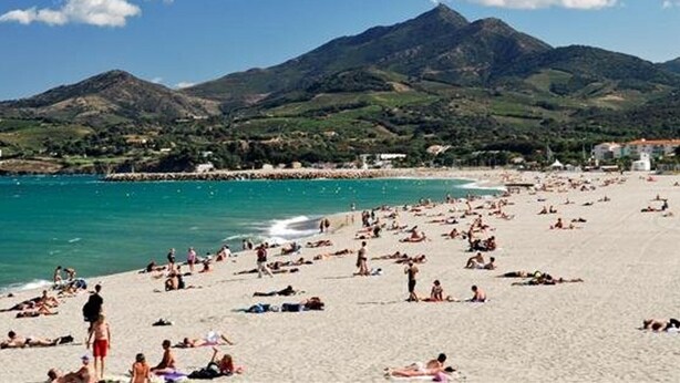 A beach with people sunbathing and swimming, a mountain in the background, and a clear blue sky. - Bright T2 Apartment - 200m from Beach, 4 pax (Argelès-sur-Mer)