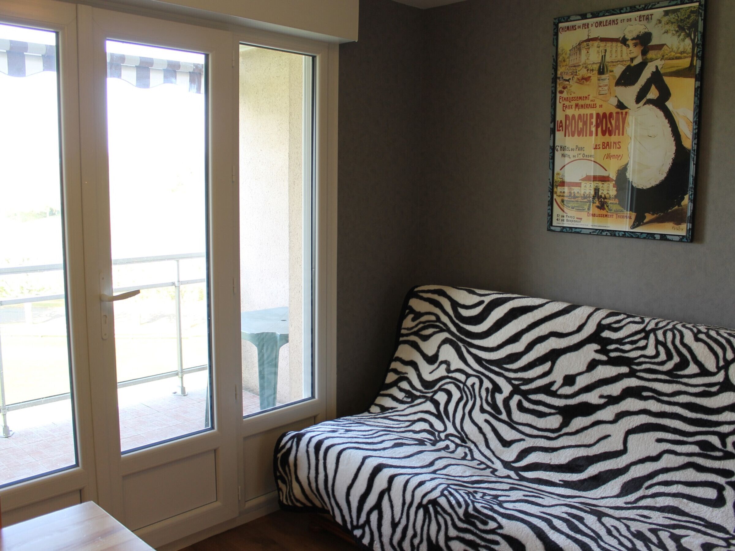 A room with a zebra-patterned sofa, a poster on the wall, and a sliding glass door leading to an outdoor area.