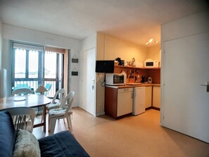 Ein kompakter Wohnraum mit einer Küchenzeile, einem Essbereich mit Tisch und Stühlen sowie einer Couch.