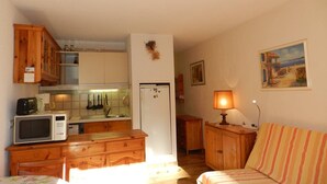 A compact living space with a kitchenette, a dining area, and a sofa.