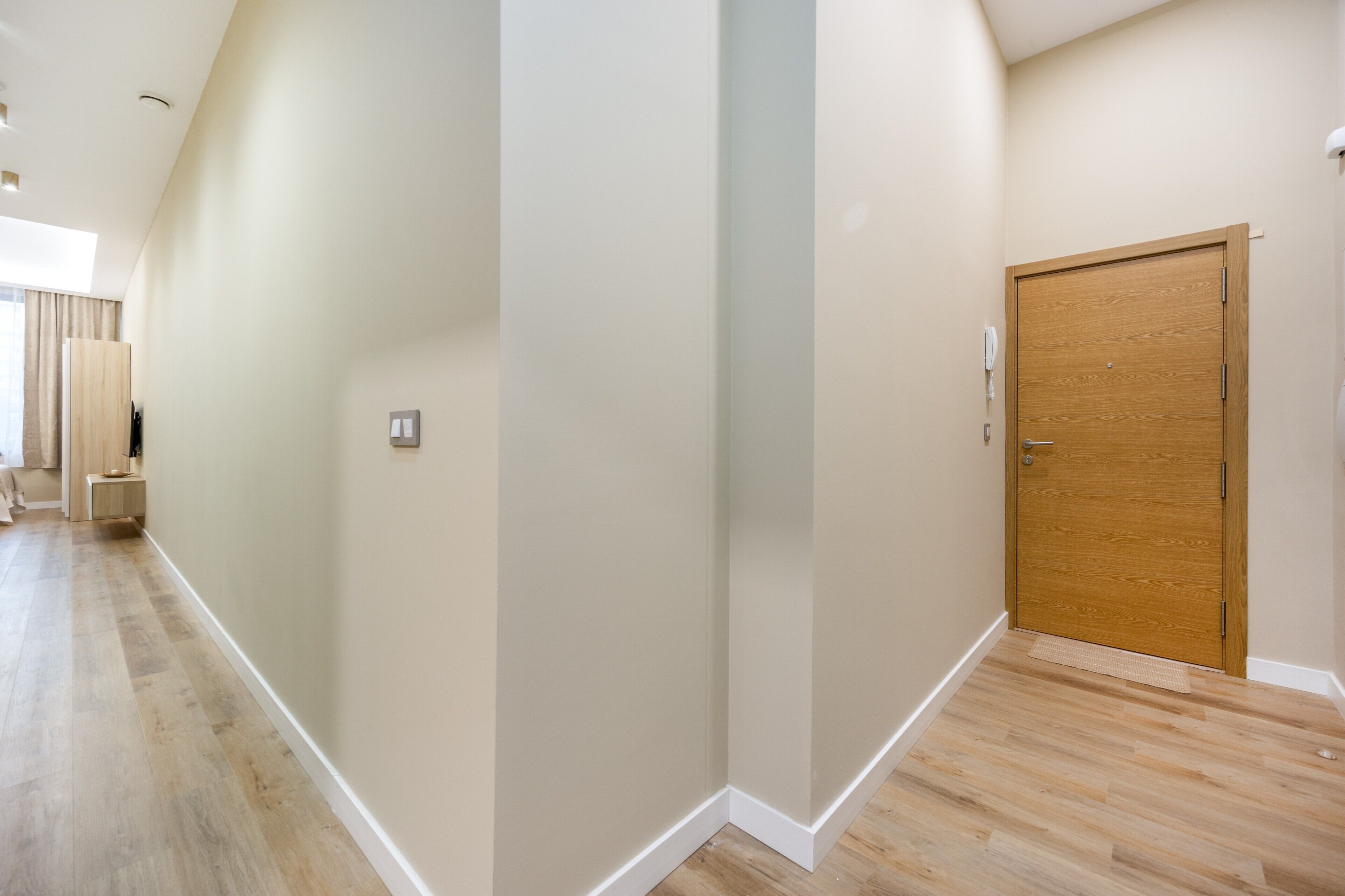 A hallway with a wooden door, a light switch, and a light fixture on the wall.