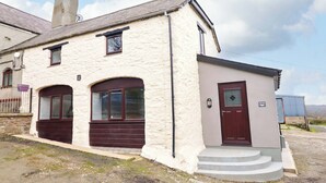 A two-story house with a brown front door, a small porch, and a chimney. - Clegir Bach (Corwen)