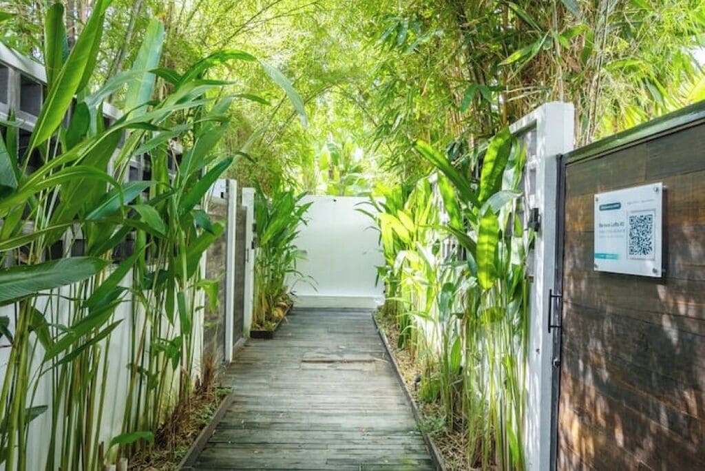 Een houten pad, omzoomd door hoge groene planten, leidt naar een wit hek.