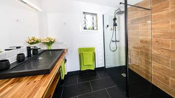 Shower, free toiletries, hair dryer, towels