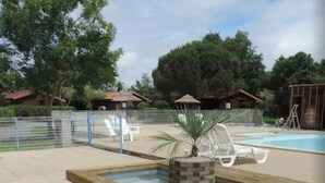 Une piscine avec une terrasse en bois, des chaises longues et un palmier.