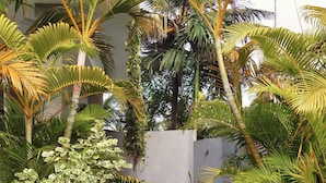 A pool area with a clear view of the pool, surrounded by lush greenery and palm trees. - PRIIMA (Ahangama)