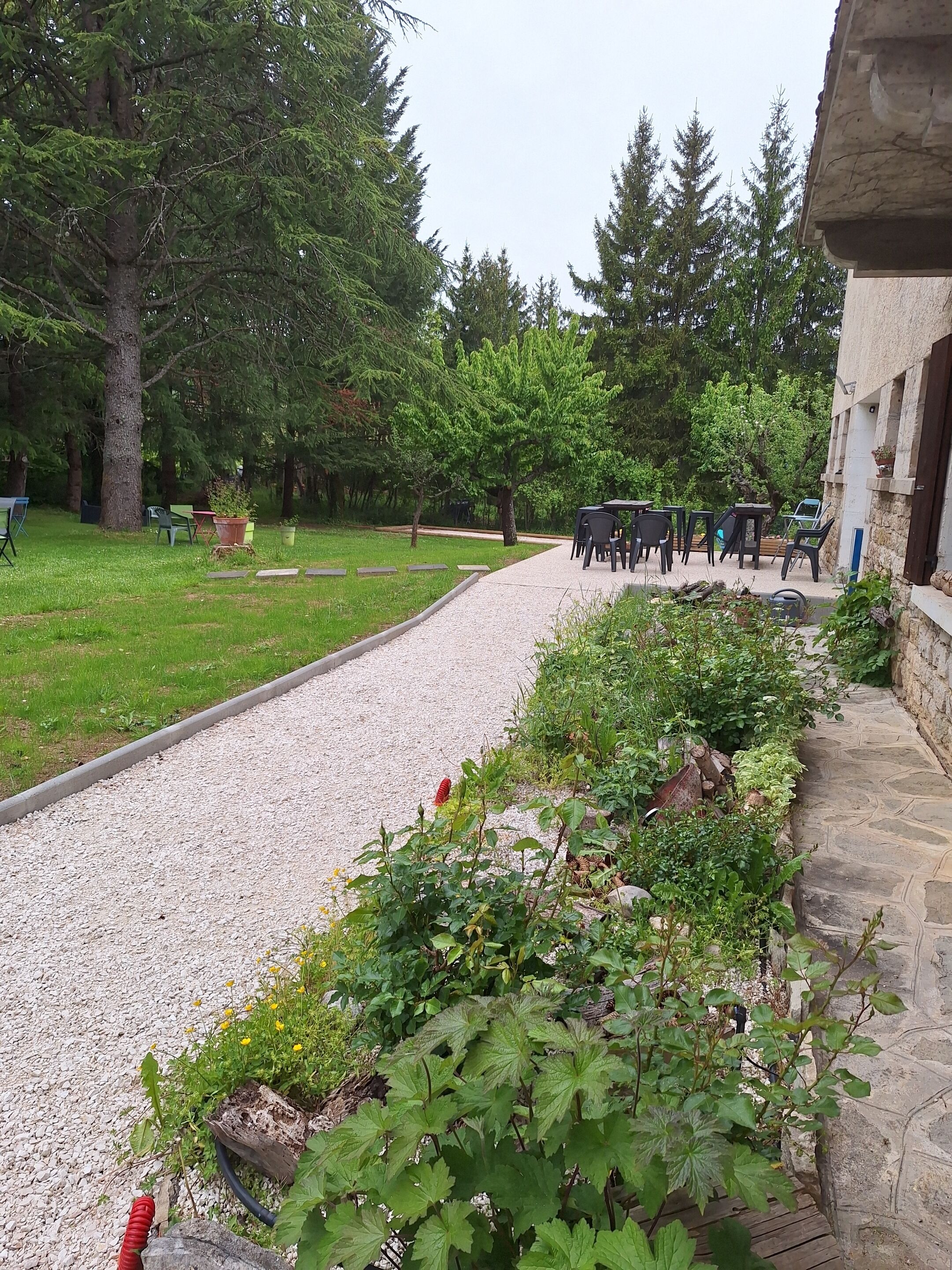 Ein Weg führt zu Sitzgelegenheiten im Freien mit Tischen und Stühlen, umgeben von Grünpflanzen und Bäumen.