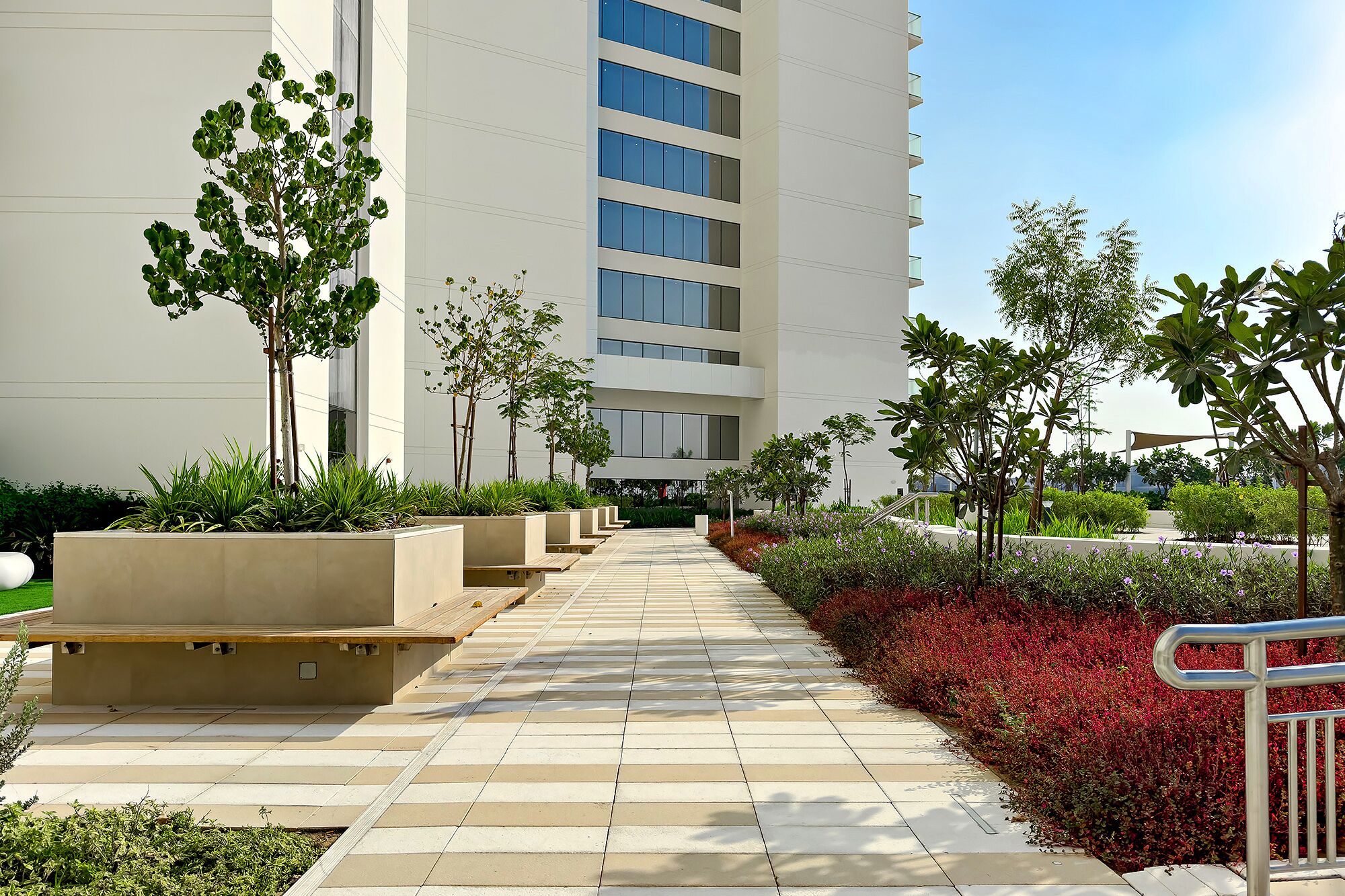 A pathway lined with planters and trees leading to a modern building with multiple floors.